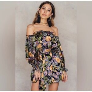For Love & Lemons Luciana Floral Print Off Shoulder Silk Blend Mini Dress Size S